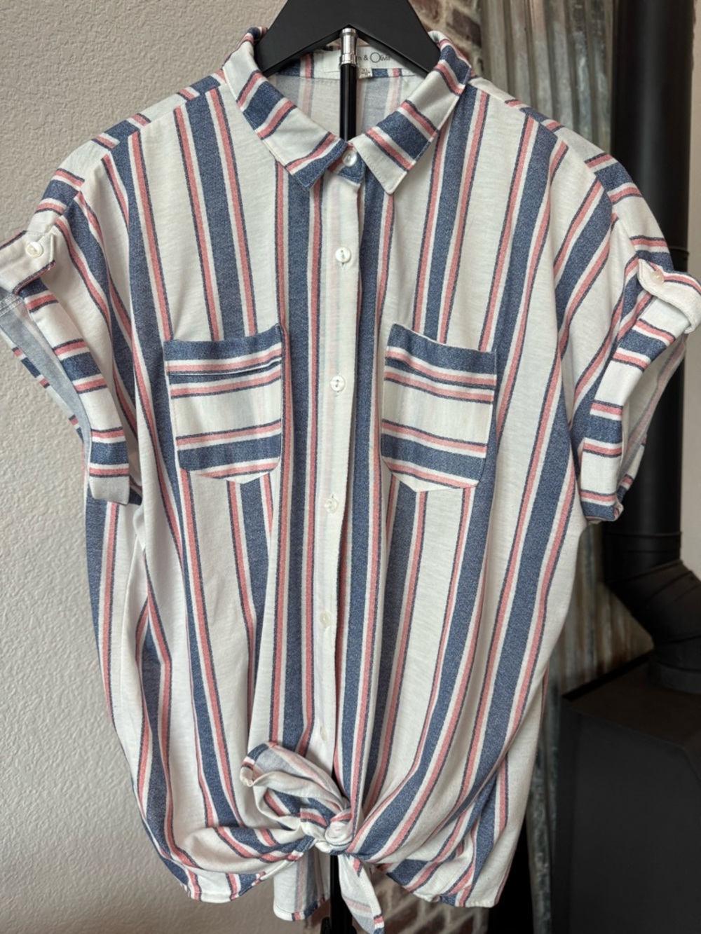 Eden & Olivia Striped Button-Front Tie Top White, Navy & Coral XL Short Sleeve